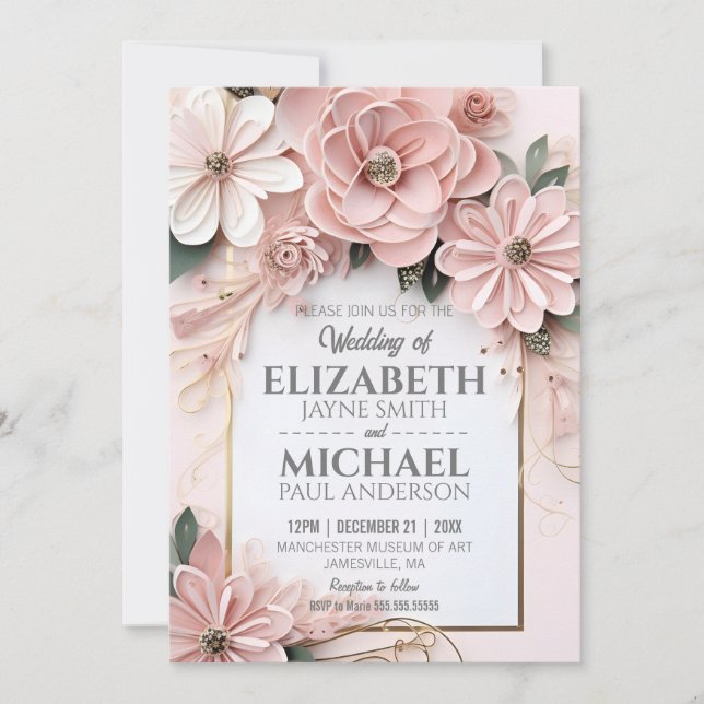 Elegant Floral Pastel Wedding Paper Quilling Frame Invitation (Front)