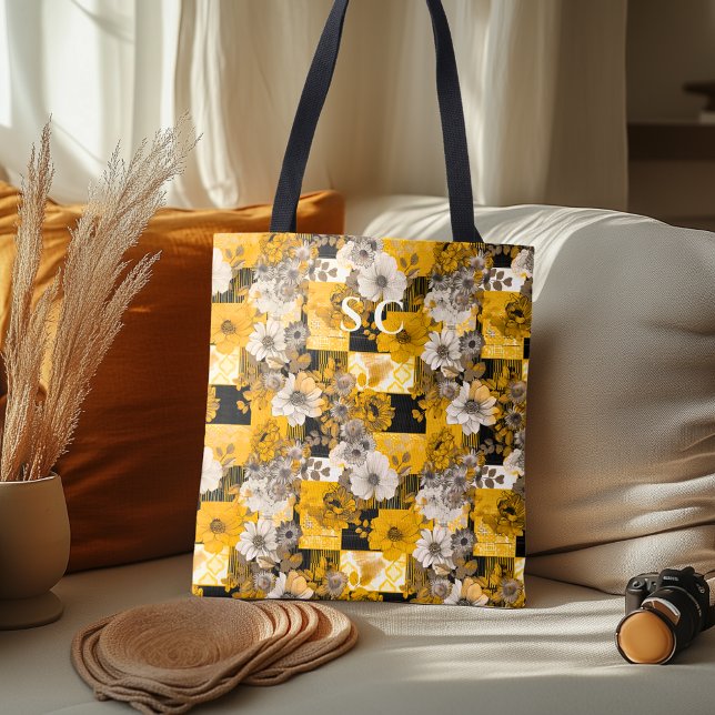 Elegant Floral Patchwork with Yellow, Grey, Black Tote Bag (Creator Uploaded)