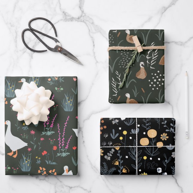 Elegant Floral Pattern Chic Dark Wrapping Paper Sheet (Front)