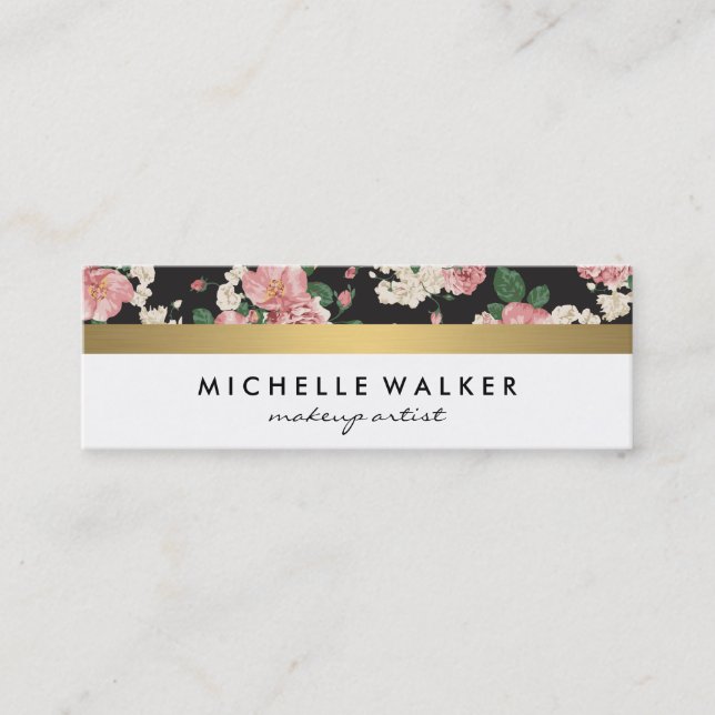Elegant Floral Pattern Gold Metallic Trim Mini Business Card (Front)