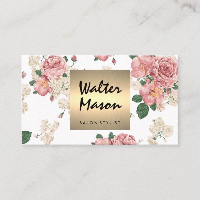 Elegant Floral Pattern Gold Trim Square Business Card (Front)