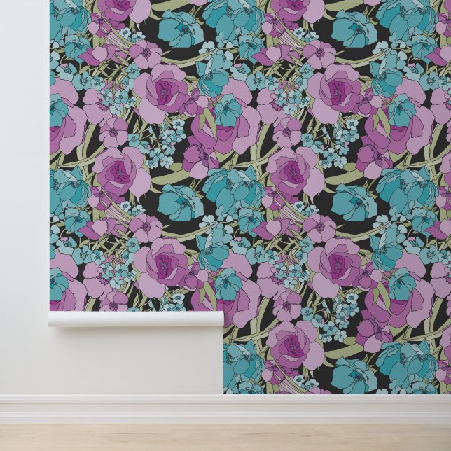 Elegant Floral Pattern Greenery Flowers Roses Pink Wallpaper (Application)