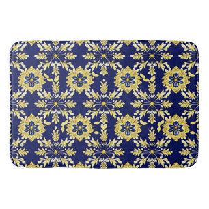 Elegant Floral Pattern in Gold and Blue Bath Mat