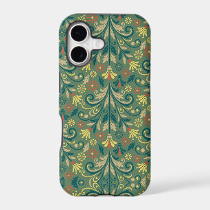 Elegant Floral Pattern in Yellow and Red on Green