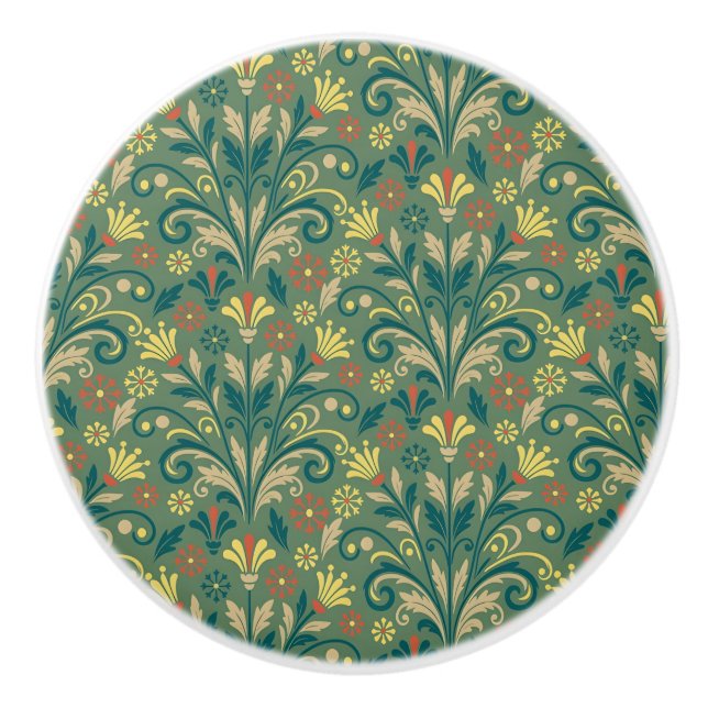 Elegant Floral Pattern in Yellow and Red on Green Ceramic Knob (Front)