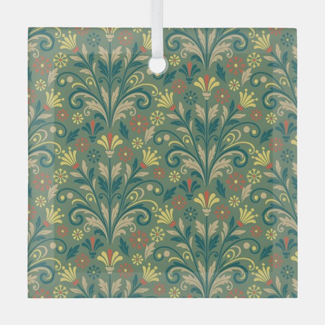 Elegant Floral Pattern in Yellow and Red on Green Glass Tree Decoration (Front)