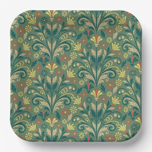 Elegant Floral Pattern in Yellow and Red on Green Paper Plate (Front)