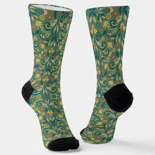 Elegant Floral Pattern in Yellow and Red on Green Socks (Angled)