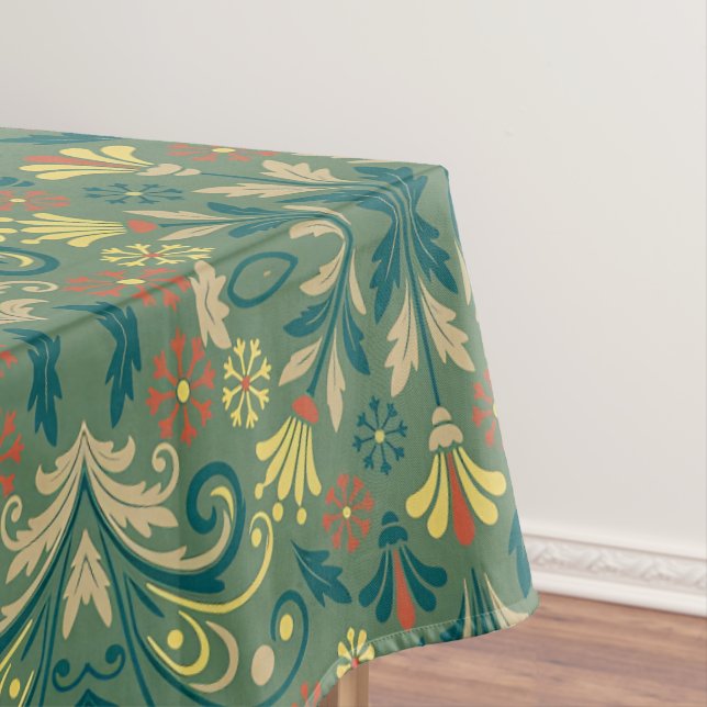 Elegant Floral Pattern in Yellow and Red on Green Tablecloth (In Situ)
