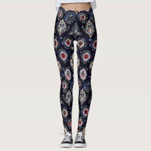 Elegant Floral Pattern Navy Blue Leggings