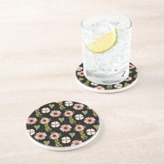 Elegant Floral Pattern on Black | Chic Botanical Coaster