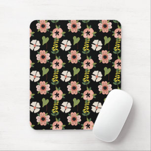 Elegant Floral Pattern on Black Chic Botanical Mouse Mat