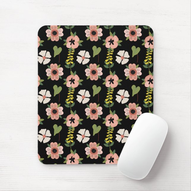 Elegant Floral Pattern on Black | Chic Botanical  Mouse Mat (With Mouse)
