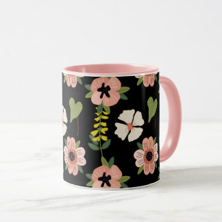 Elegant Floral Pattern on Black | Chic Botanical Mug