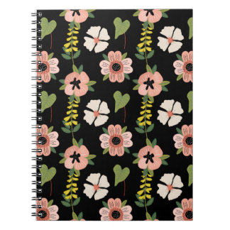 Elegant Floral Pattern on Black | Chic Botanical Notebook