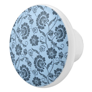 Elegant Floral Pattern on Light Blue Back Ceramic Knob