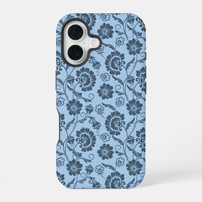 Elegant Floral Pattern on Light Blue Back iPhone 16 Case (Back)