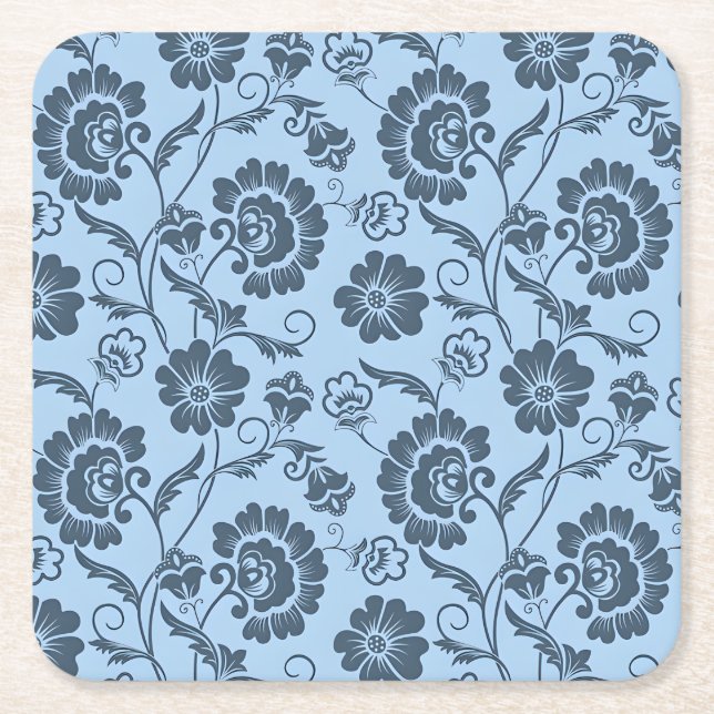 Elegant Floral Pattern on Light Blue Back Square Paper Coaster (Front)