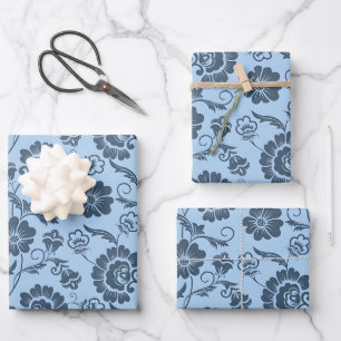 Elegant Floral Pattern on Light Blue Back Wrapping Paper Sheet