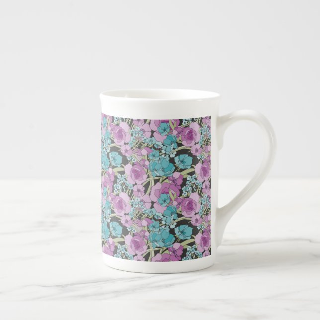 Elegant Floral Pattern Pink Purple Black Backgroun Bone China Mug (Right)