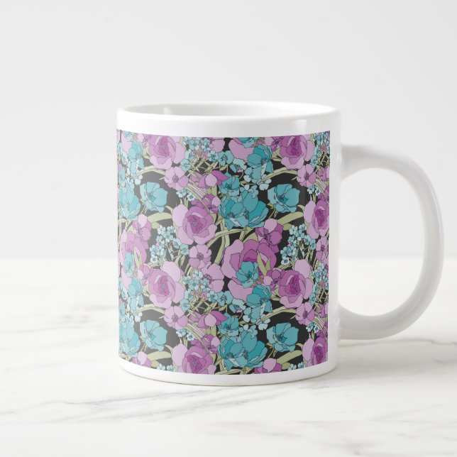 Elegant Floral Pattern Pink Purple Black Backgroun Large Coffee Mug (Right)