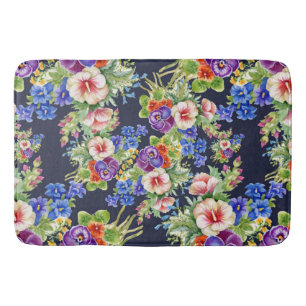 Elegant Floral Pattern Pink Yellow Blue Foliage Bath Mat