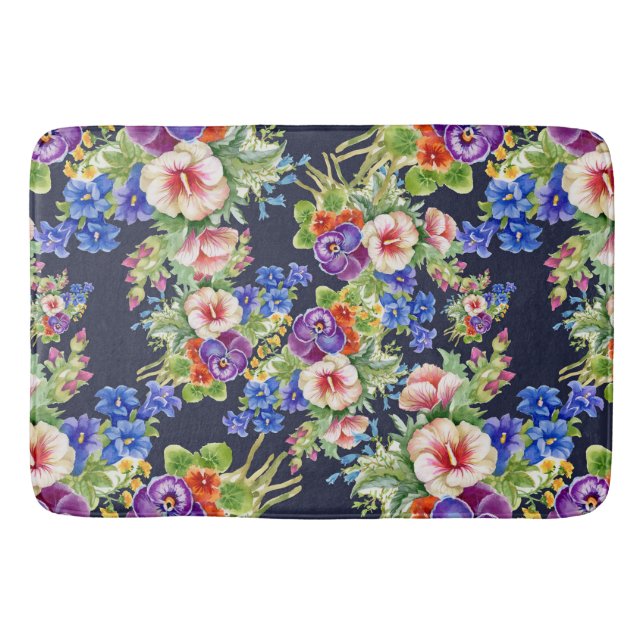 Elegant Floral Pattern Pink Yellow Blue Foliage Bath Mat (Front)