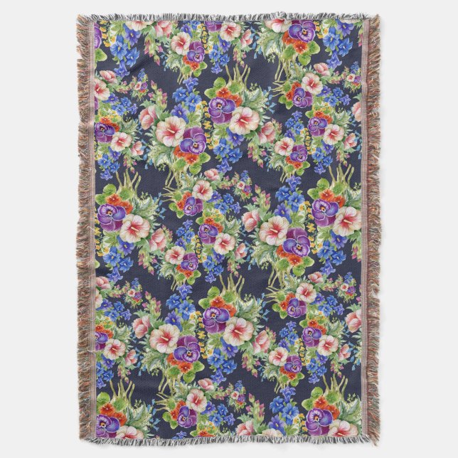 Elegant Floral Pattern Pink Yellow Blue Foliage Throw Blanket (Front Vertical)