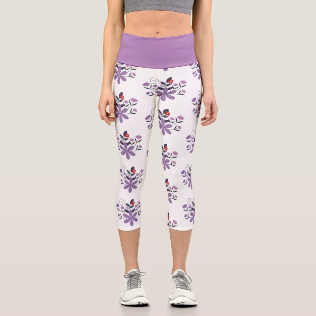 Elegant floral pattern purple violet grey red capri leggings (Front)
