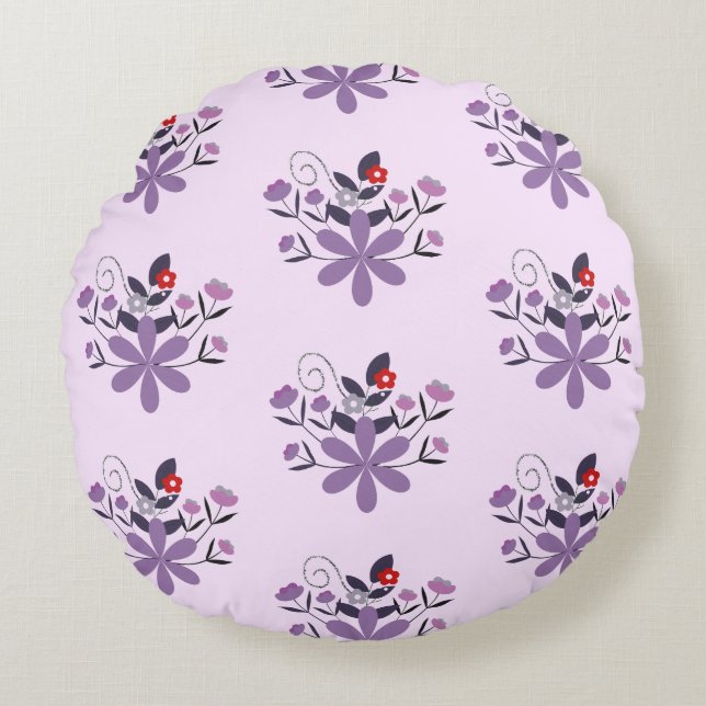 Elegant floral pattern purple violet grey red round cushion (Front)