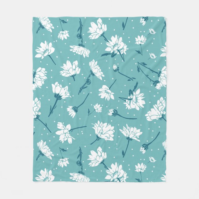 Elegant Floral Pattern - Teal & White Botanical Fleece Blanket (Front)
