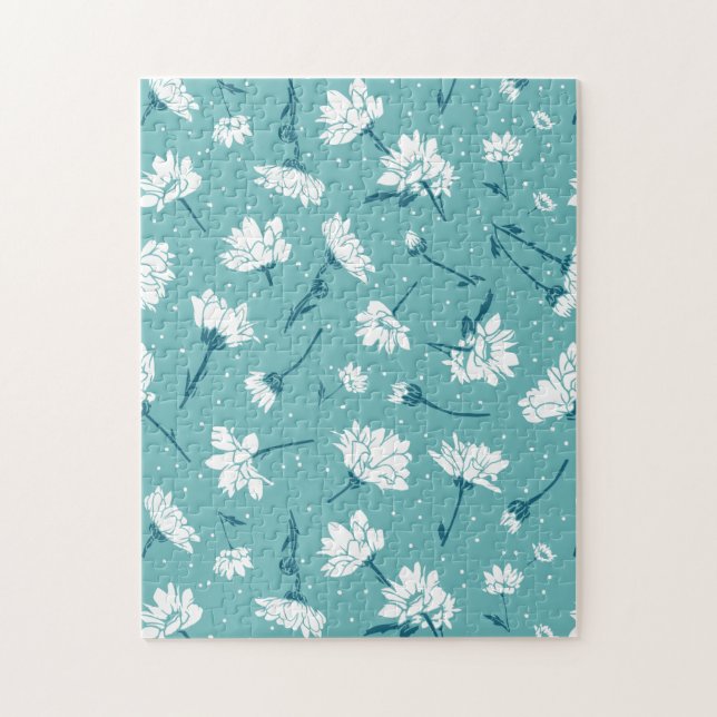 Elegant Floral Pattern - Teal & White Botanical Jigsaw Puzzle (Vertical)
