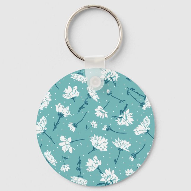 Elegant Floral Pattern - Teal & White Botanical Key Ring (Front)