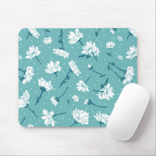 Elegant Floral Pattern - Teal & White Botanical Mouse Mat