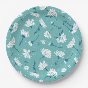 Elegant Floral Pattern - Teal & White Botanical Paper Plate