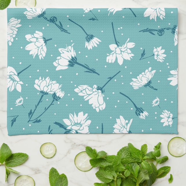 Elegant Floral Pattern - Teal & White Botanical Tea Towel (Folded)
