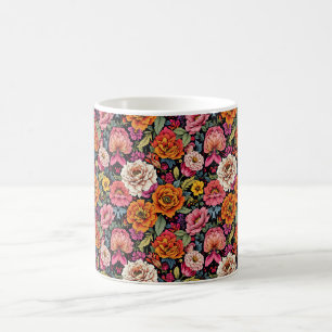 Elegant floral pattern with bold colours on black coffee mug