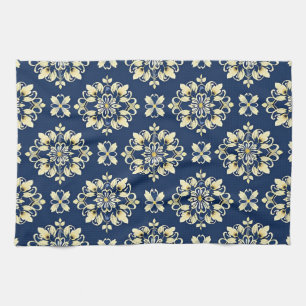 Elegant Floral Pattern with Golden Accents Tea Towel