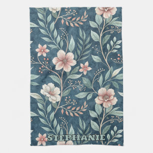 Elegant Floral Pattern with Pink & Cream Blossoms Tea Towel