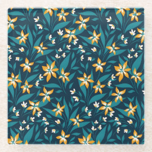 Elegant Floral Pattern with Red and Blue Leaves Gl Glass Coaster