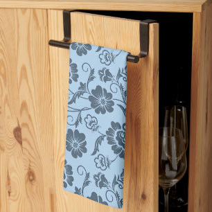Elegant Floral Pattern with Red and Blue Leaves Ki Tea Towel