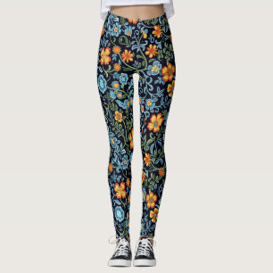 Elegant Floral Pattern with Red and Blue Leaves Le Leggings