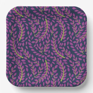 Elegant Floral Pattern with Red and Blue Leaves Pa Paper Plate