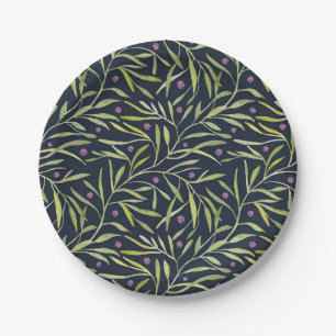 Elegant Floral Pattern with Red and Blue Leaves Pa Paper Plate