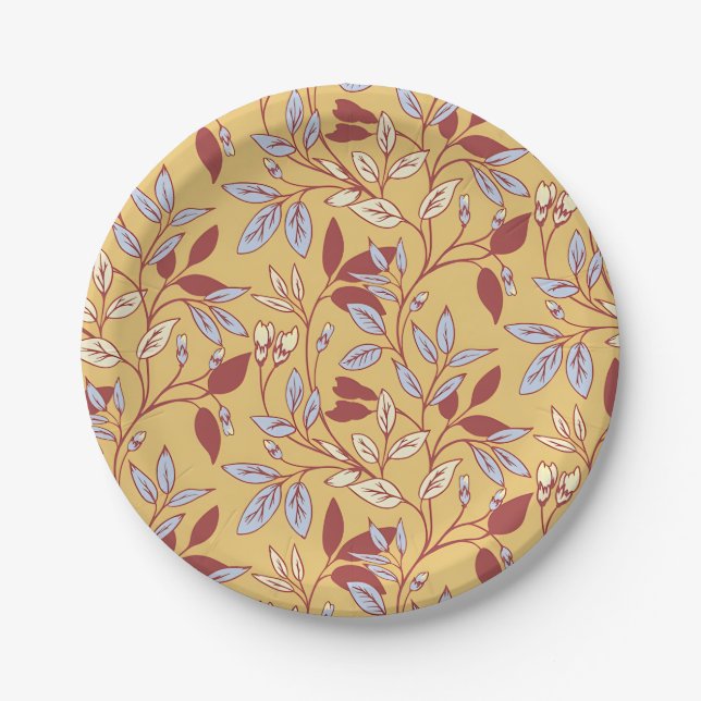 Elegant Floral Pattern with Red and Blue Leaves Paper Plate (Front)