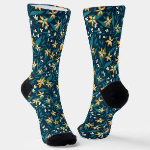 Elegant Floral Pattern with Red and Blue Leaves So Socks