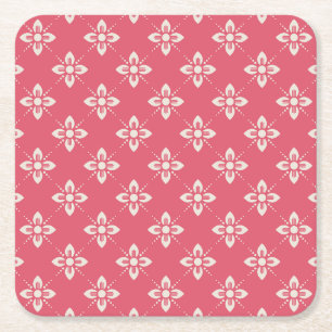 Elegant Floral Pattern with Red and Blue Leaves Sq Square Paper Coaster