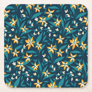 Elegant Floral Pattern with Red and Blue Leaves Sq Square Paper Coaster