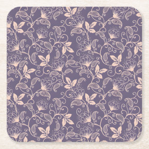 Elegant Floral Pattern with Red and Blue Leaves Sq Square Paper Coaster