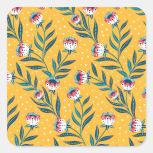 Elegant Floral Pattern with Red and Blue Leaves Sq Square Sticker